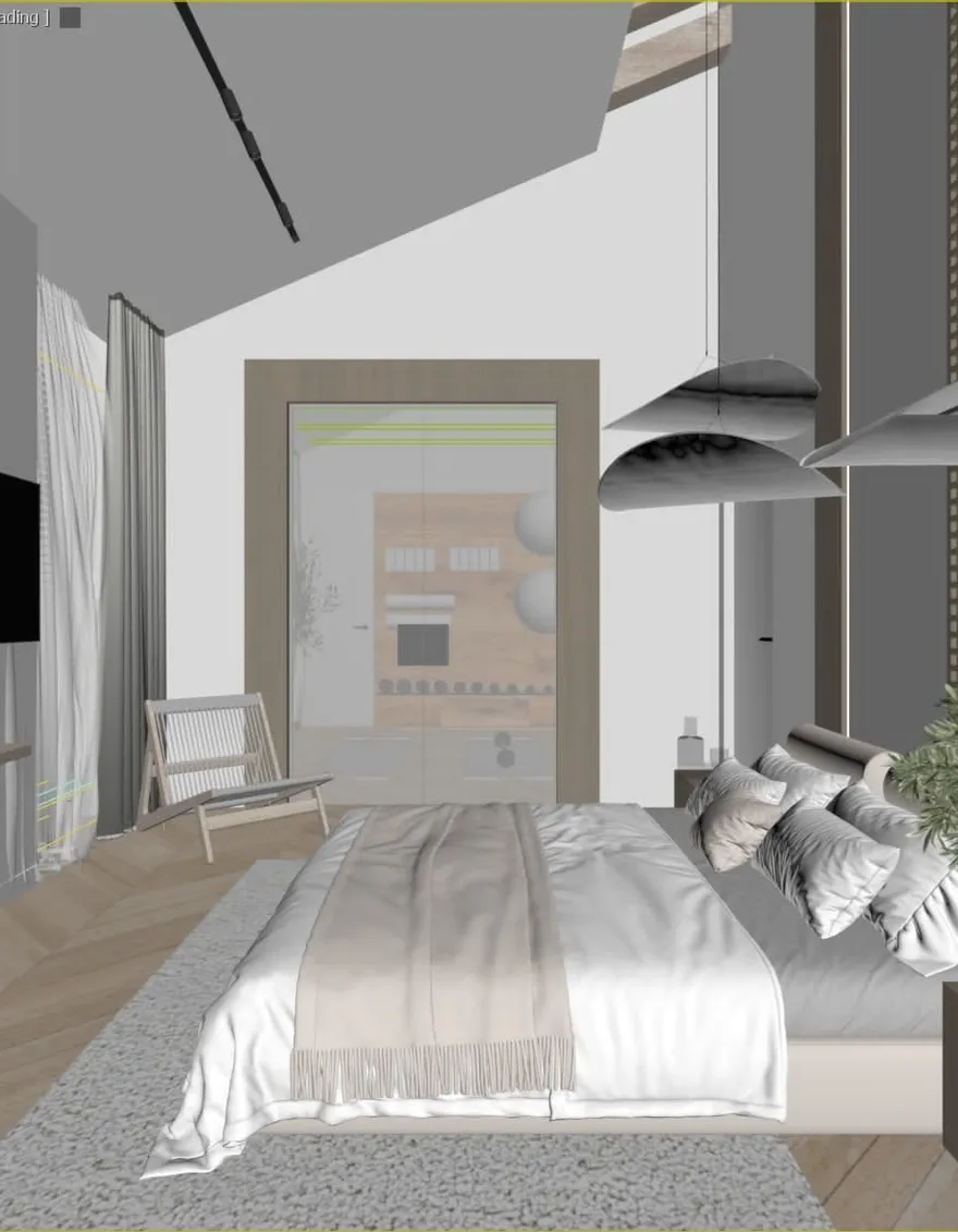 Raw 3D viewport screenshot of a modern bedroom before AI rendering